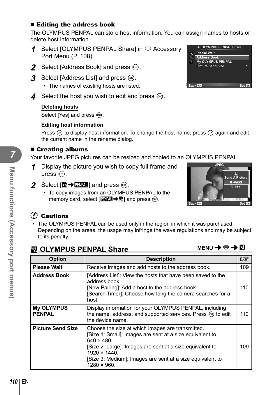 A olympus penpal share, Menu functions (accessory port menus) | Olympus E-M1 User Manual | Page 110 / 165