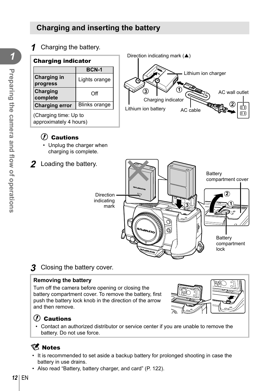 Charging and inserting the battery | Olympus E-M1 User Manual | Page 12 / 165