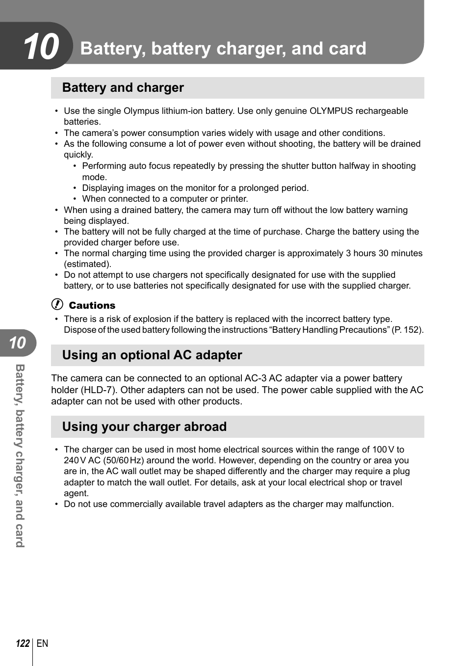 Battery, battery charger, and card, Battery and charger, Using an optional ac adapter | Using your charger abroad | Olympus E-M1 User Manual | Page 122 / 165