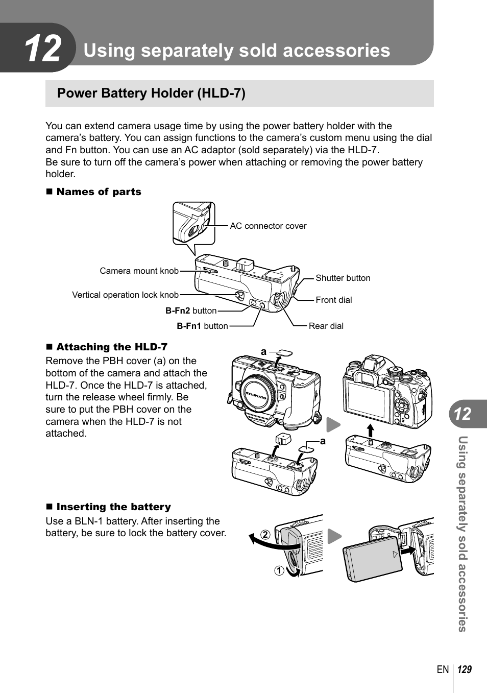 Using separately sold accessories, Power battery holder (hld-7) | Olympus E-M1 User Manual | Page 129 / 165