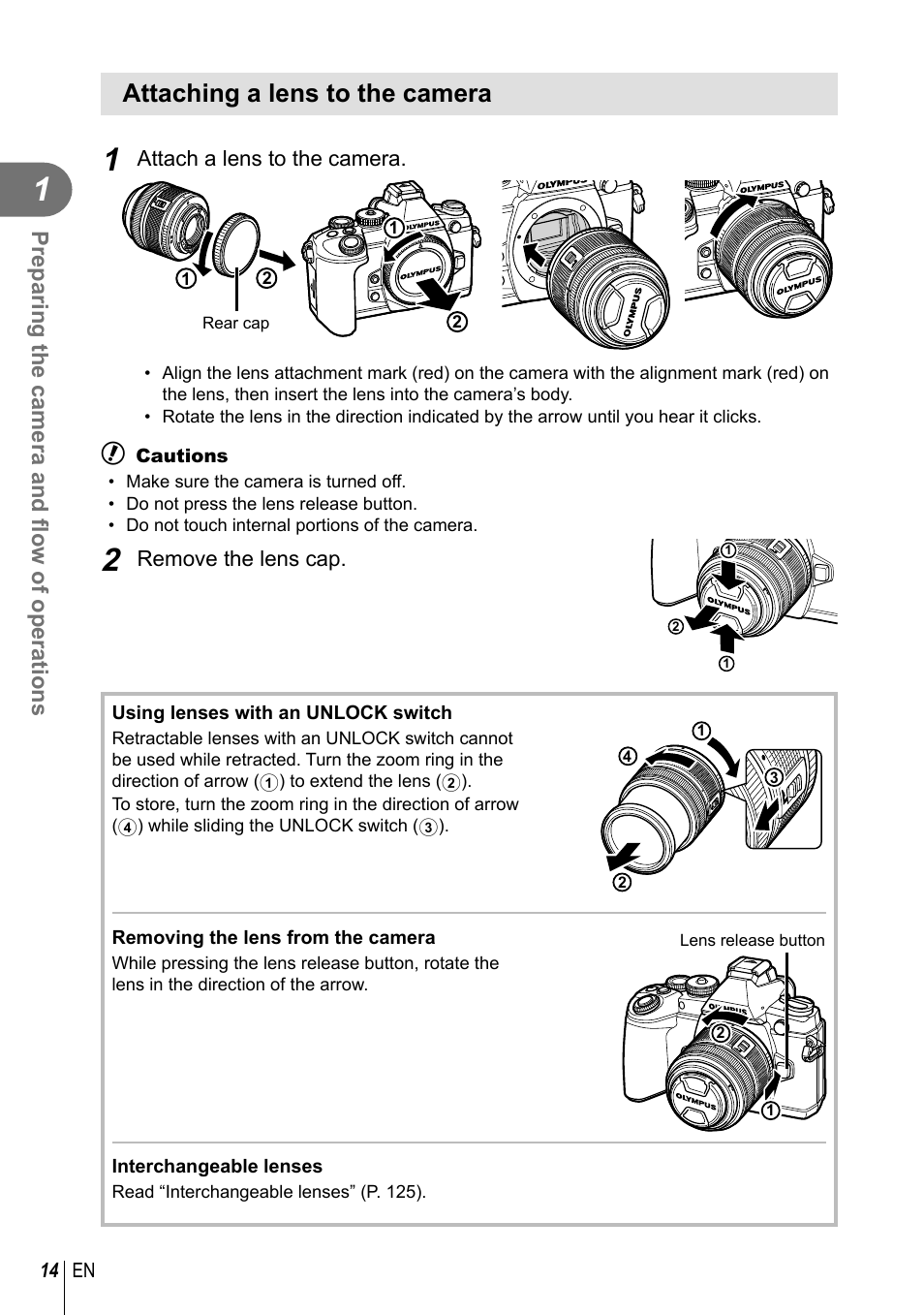 Attaching a lens to the camera, Preparing the camera and fl ow of operations | Olympus E-M1 User Manual | Page 14 / 165