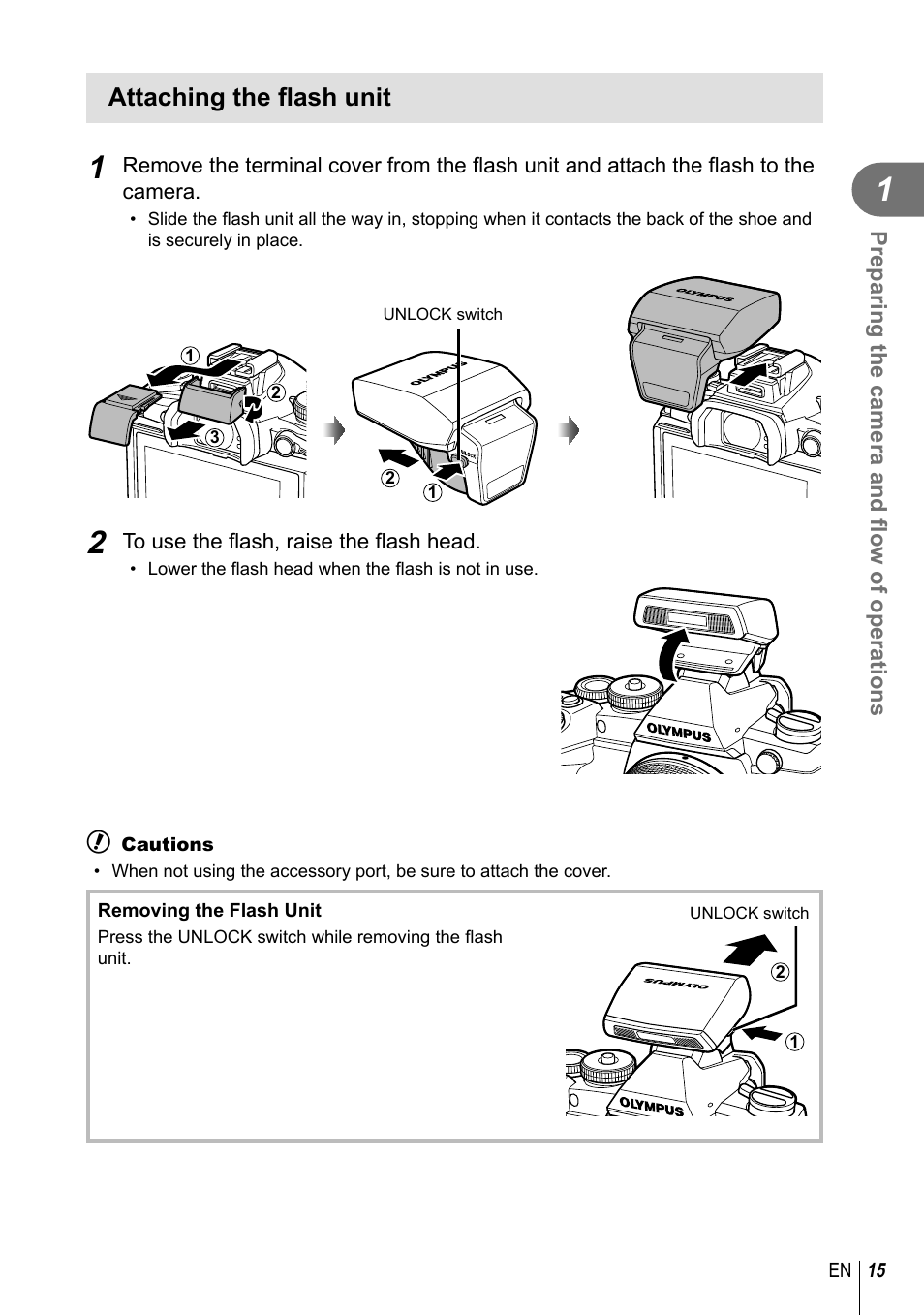 Attaching the fl ash unit | Olympus E-M1 User Manual | Page 15 / 165