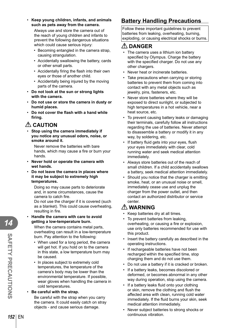 Safety precautions, Battery handling precautions, Caution | Danger, Warning, 152 en | Olympus E-M1 User Manual | Page 152 / 165