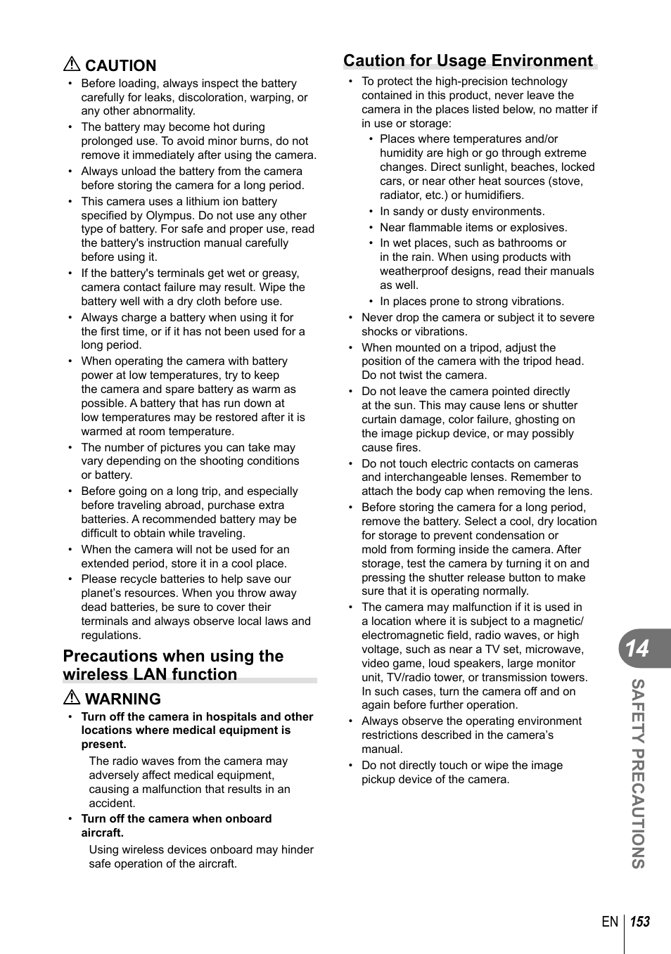 Safety precautions, Precautions when using the wireless lan function, Caution for usage environment | Caution, Warning, 153 en | Olympus E-M1 User Manual | Page 153 / 165