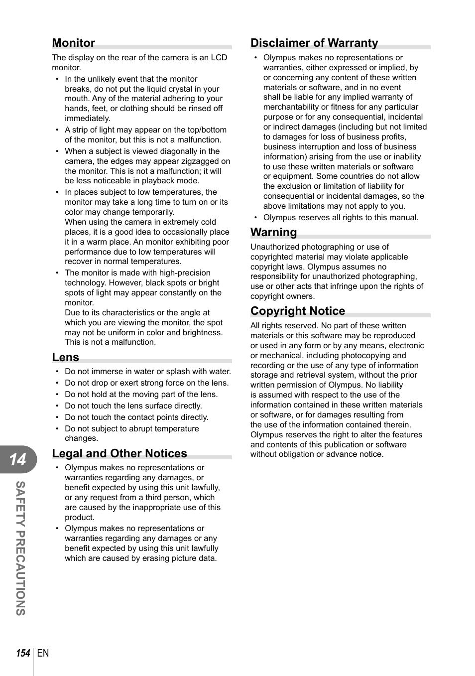 Safety precautions, Monitor, Lens | Legal and other notices, Disclaimer of warranty, Warning, Copyright notice | Olympus E-M1 User Manual | Page 154 / 165