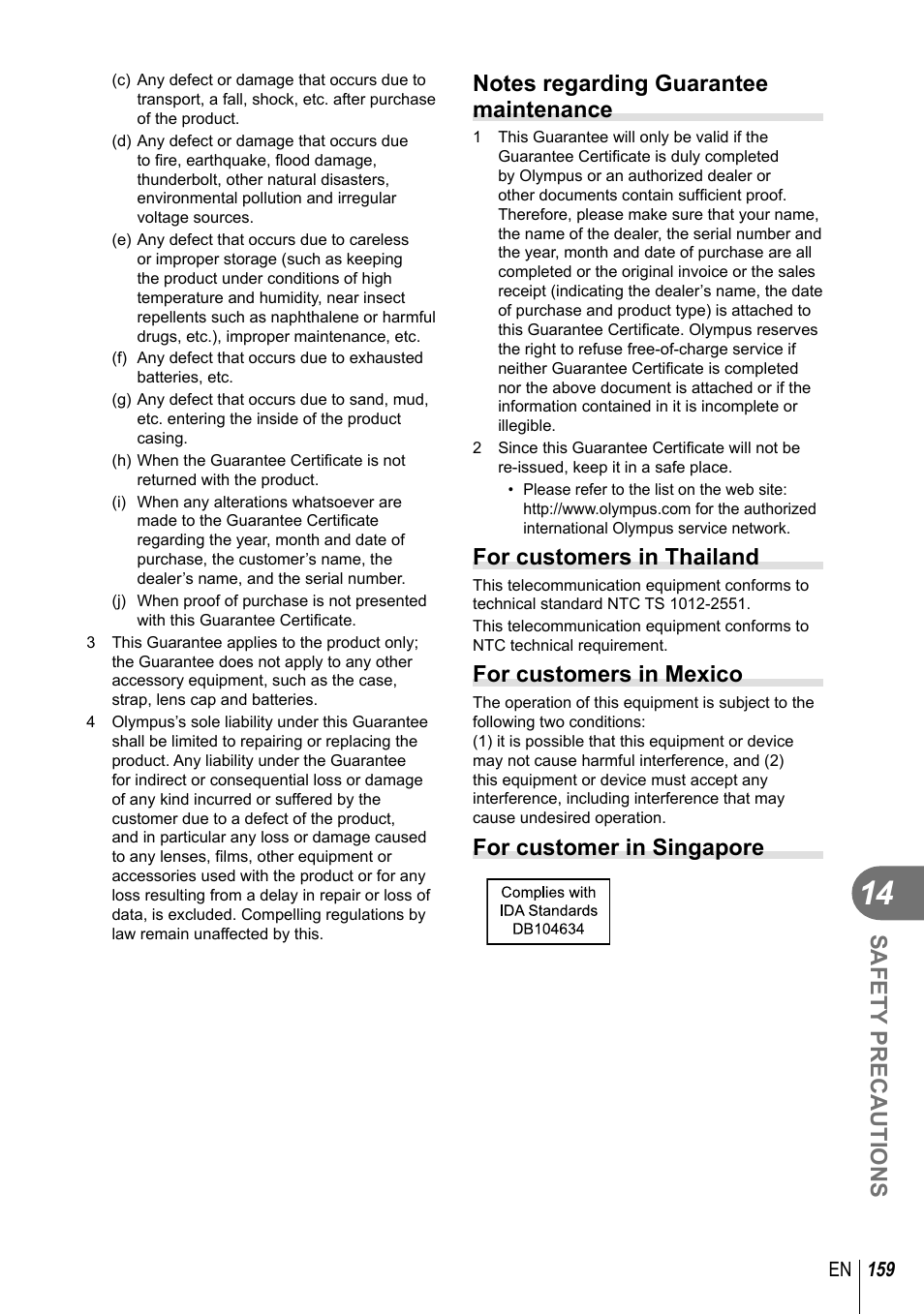 Safety precautions, For customers in thailand, For customers in mexico | For customer in singapore | Olympus E-M1 User Manual | Page 159 / 165