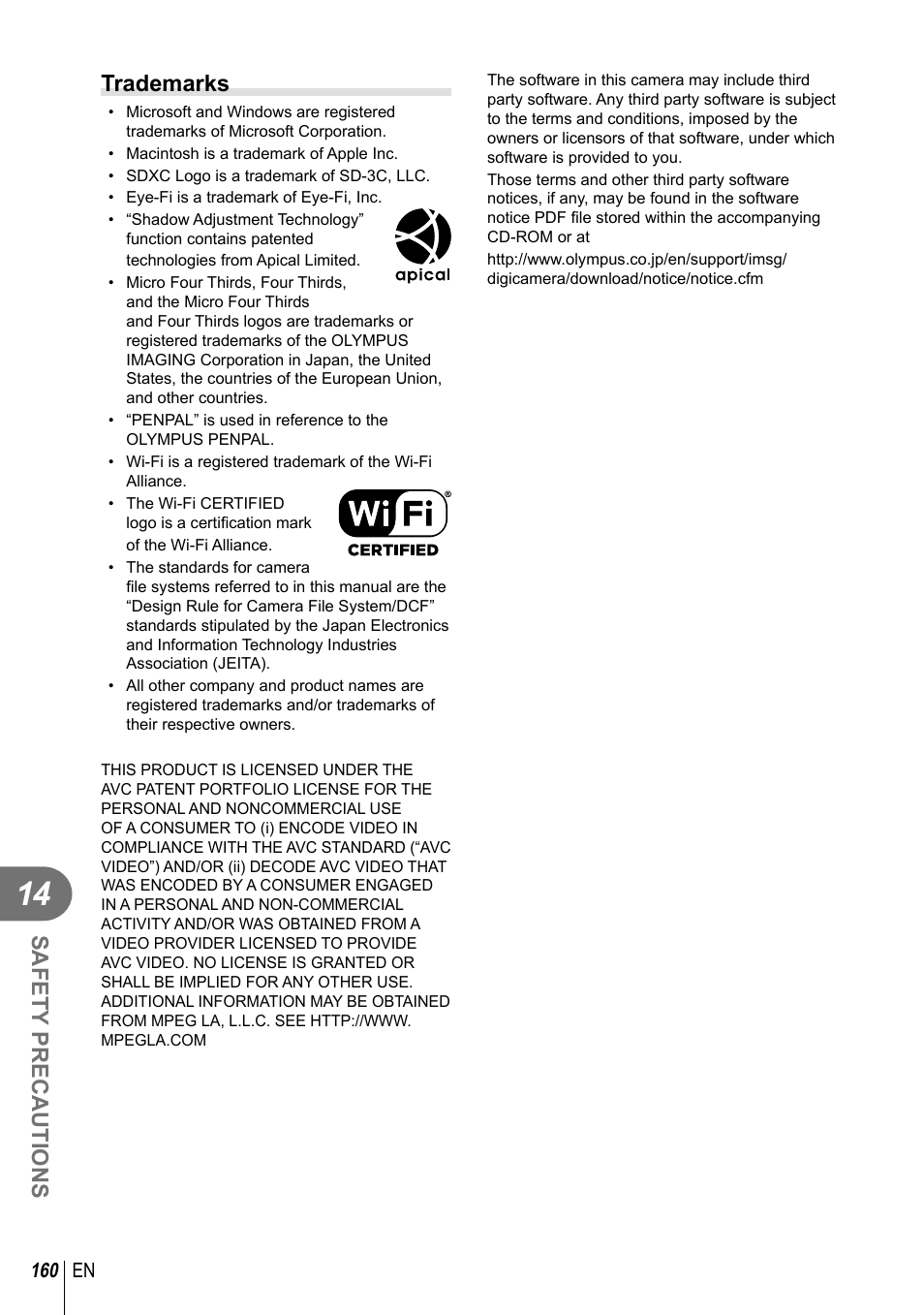 Safety precautions, Trademarks | Olympus E-M1 User Manual | Page 160 / 165