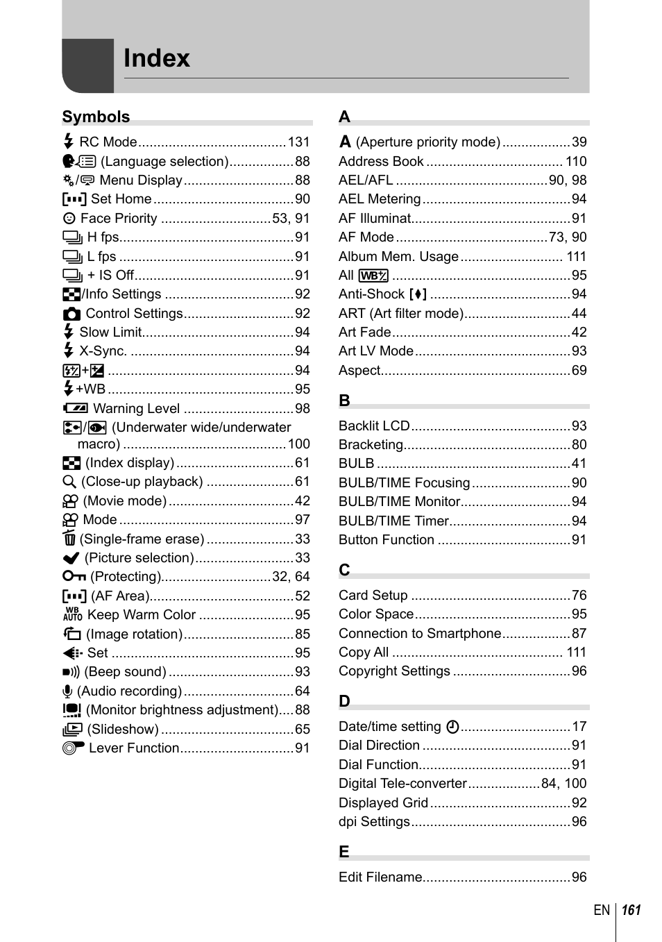 Index | Olympus E-M1 User Manual | Page 161 / 165
