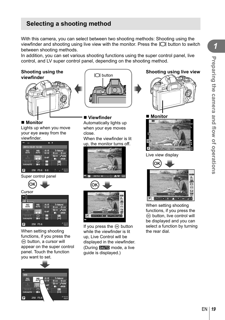 Selecting a shooting method, Preparing the camera and fl ow of operations, 19 en | Shooting using live view  monitor, Viewfi nder, Live view display, Super control panel, Cursor, U button | Olympus E-M1 User Manual | Page 19 / 165