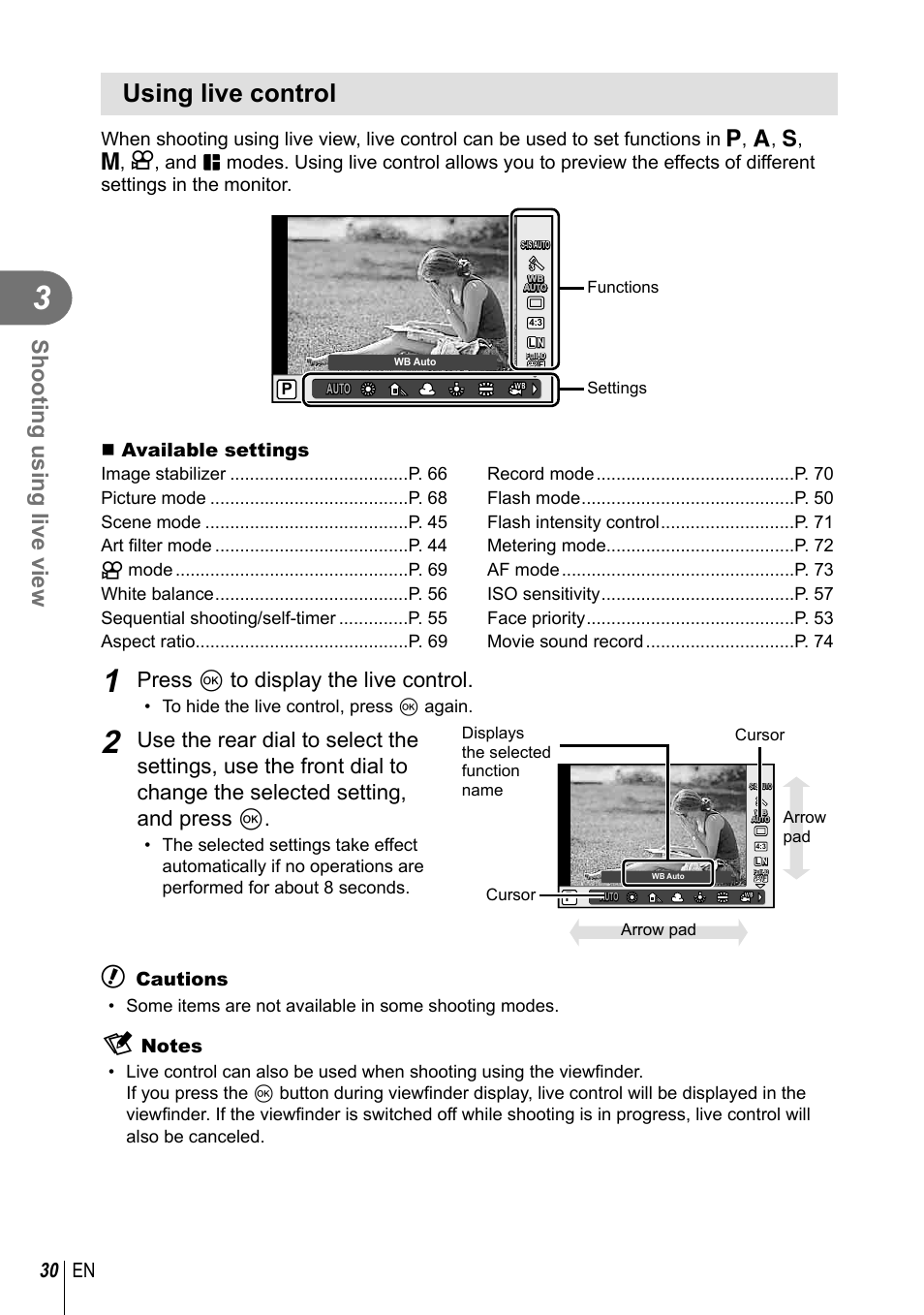 Using live control, Shooting using live view, Press q to display the live control | 30 en, Available settings, Cautions, Settings functions | Olympus E-M1 User Manual | Page 30 / 165