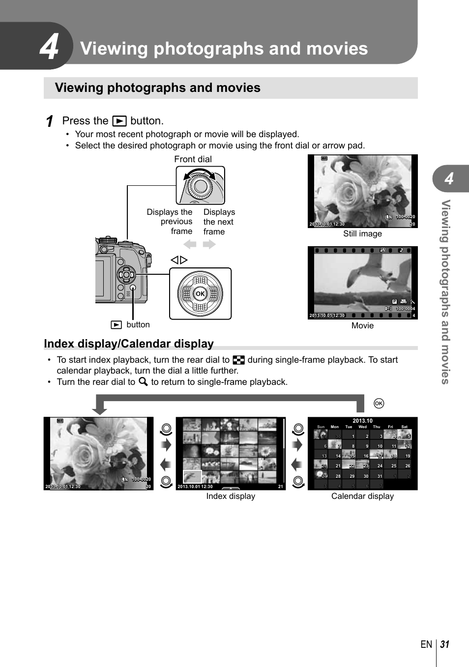 Viewing photographs and movies, Qp q p, Index display/calendar display | Press the q button, 31 en | Olympus E-M1 User Manual | Page 31 / 165