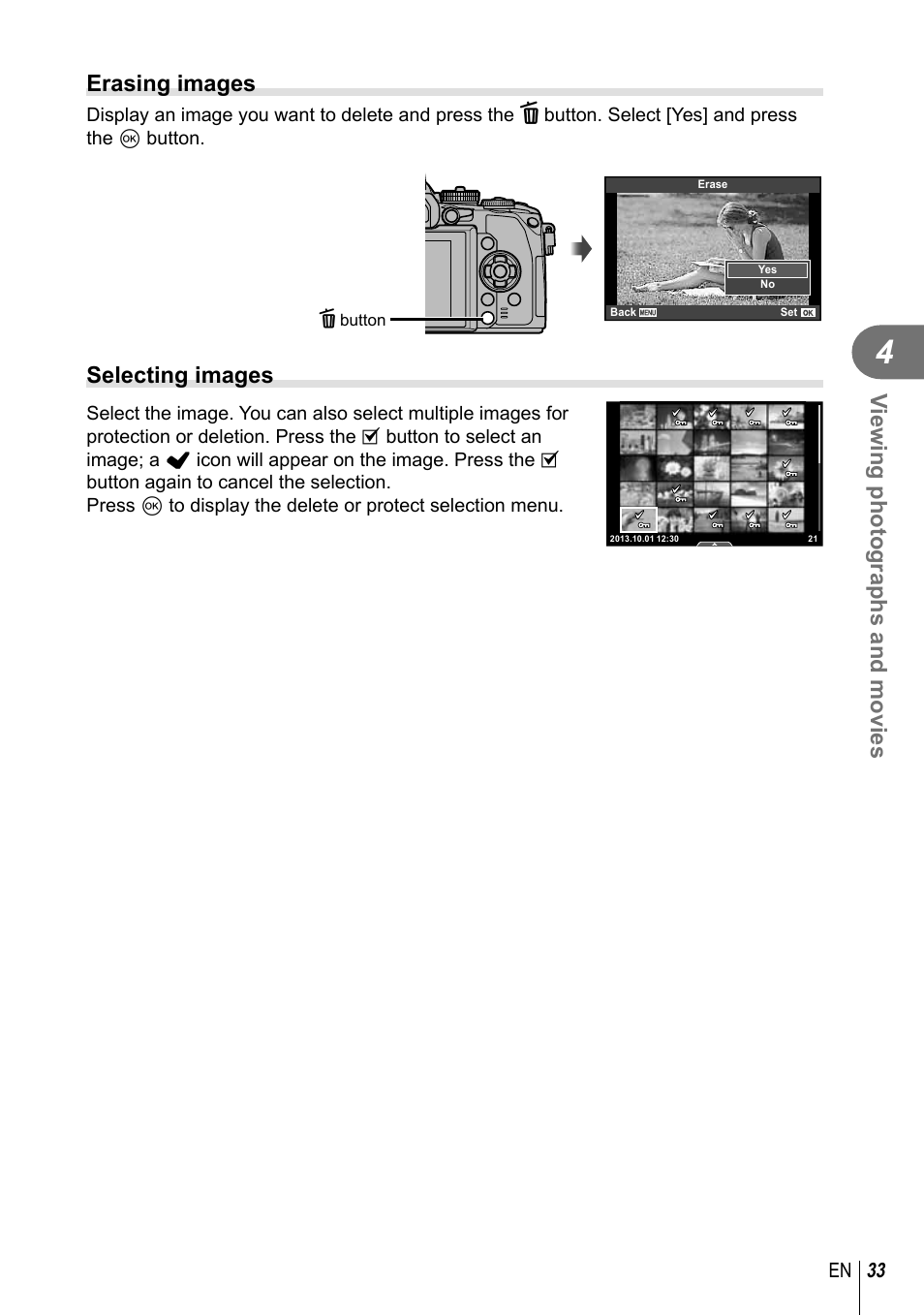 Viewing photographs and movies, Erasing images, Selecting images | Olympus E-M1 User Manual | Page 33 / 165