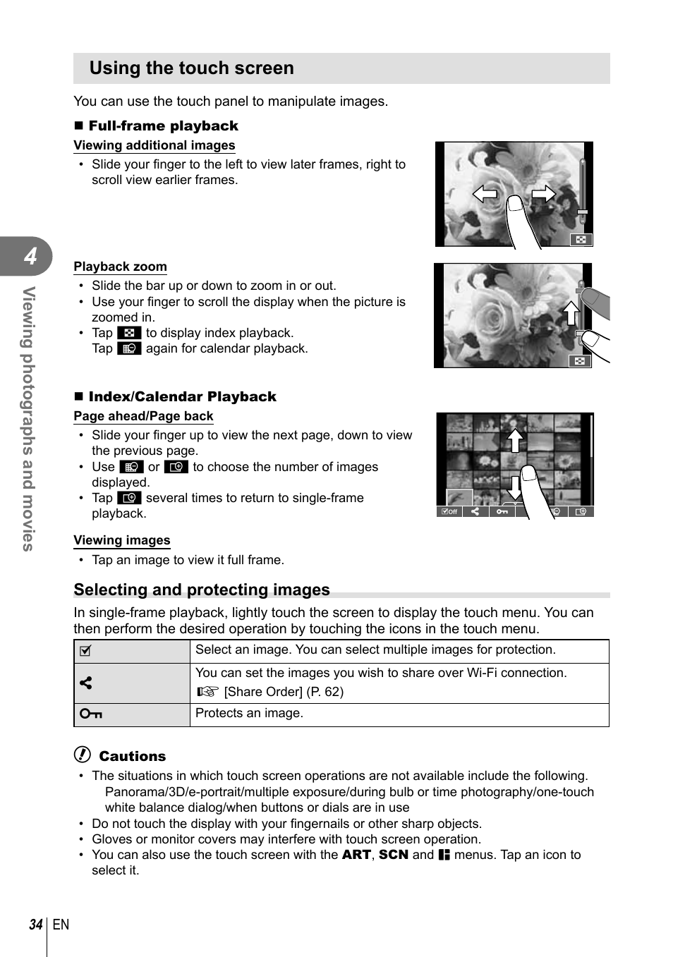 Using the touch screen, Viewing photographs and movies, Selecting and protecting images | Olympus E-M1 User Manual | Page 34 / 165