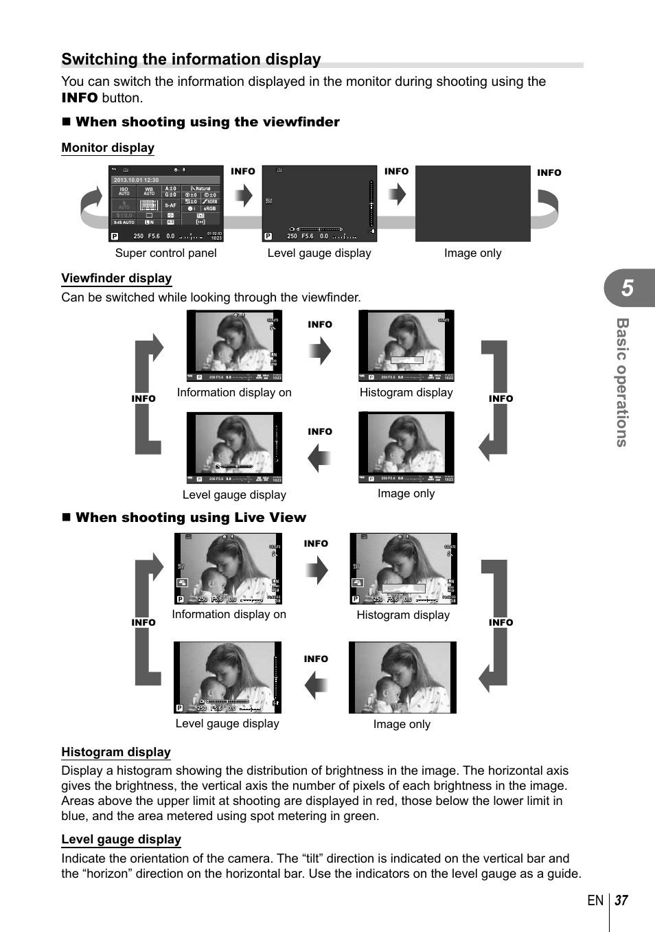 Basic operations, Switching the information display, 37 en | When shooting using live view, Monitor display, Super control panel, Level gauge display, Image only, Info | Olympus E-M1 User Manual | Page 37 / 165