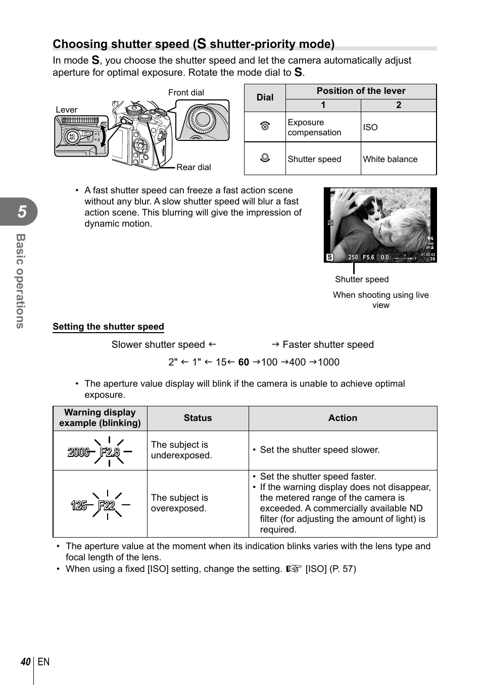 Basic operations, Choosing shutter speed ( s shutter-priority mode), 40 en | Olympus E-M1 User Manual | Page 40 / 165
