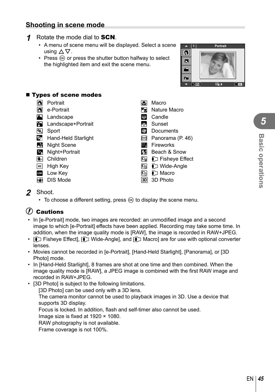 Basic operations, Shooting in scene mode | Olympus E-M1 User Manual | Page 45 / 165