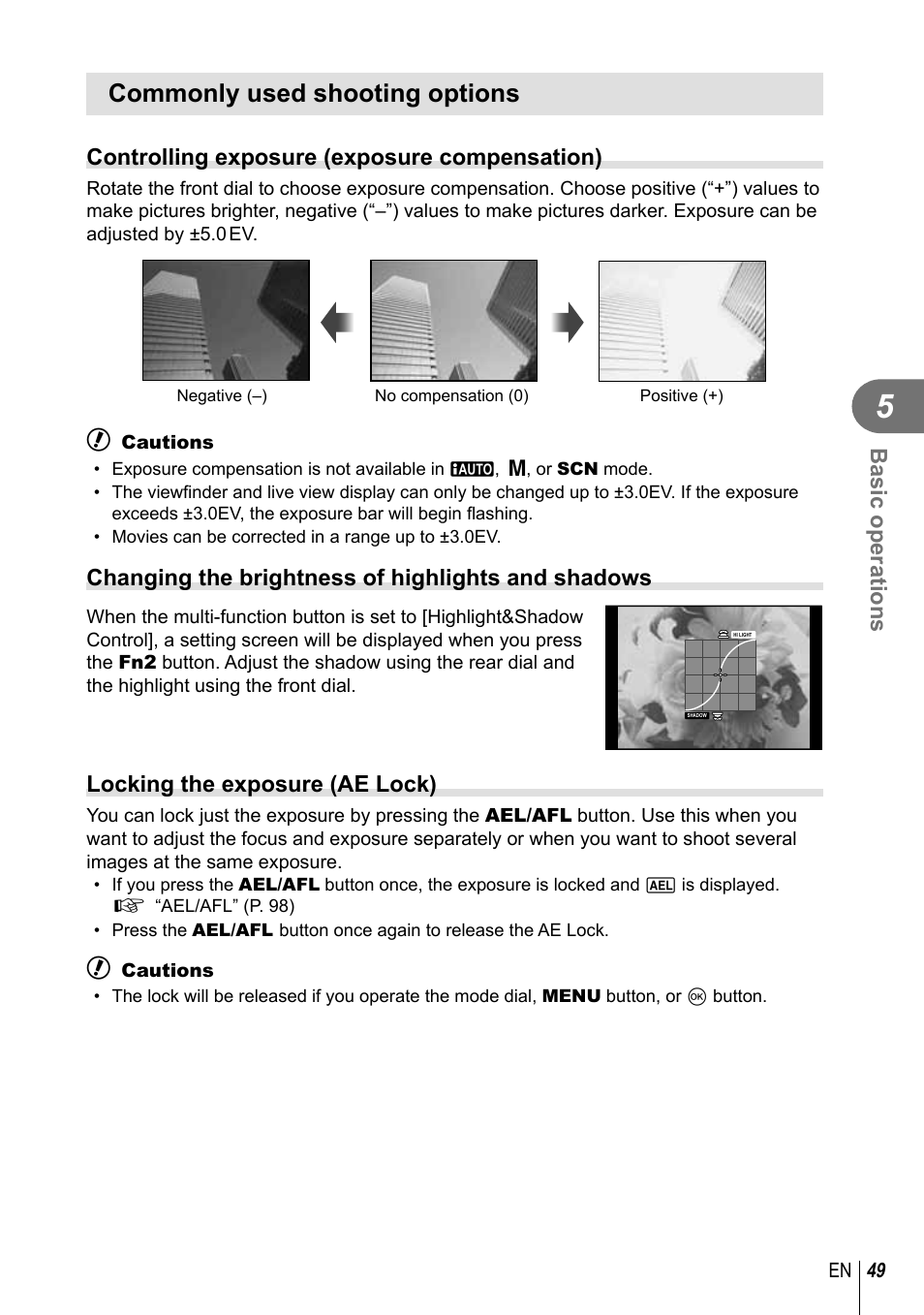 Commonly used shooting options, Basic operations, Controlling exposure (exposure compensation) | Changing the brightness of highlights and shadows, Locking the exposure (ae lock) | Olympus E-M1 User Manual | Page 49 / 165