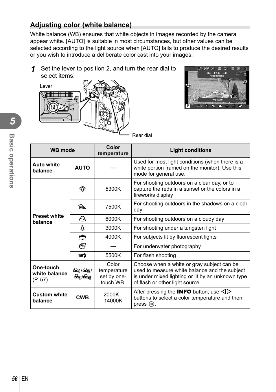 Basic operations, Adjusting color (white balance), 56 en | Olympus E-M1 User Manual | Page 56 / 165