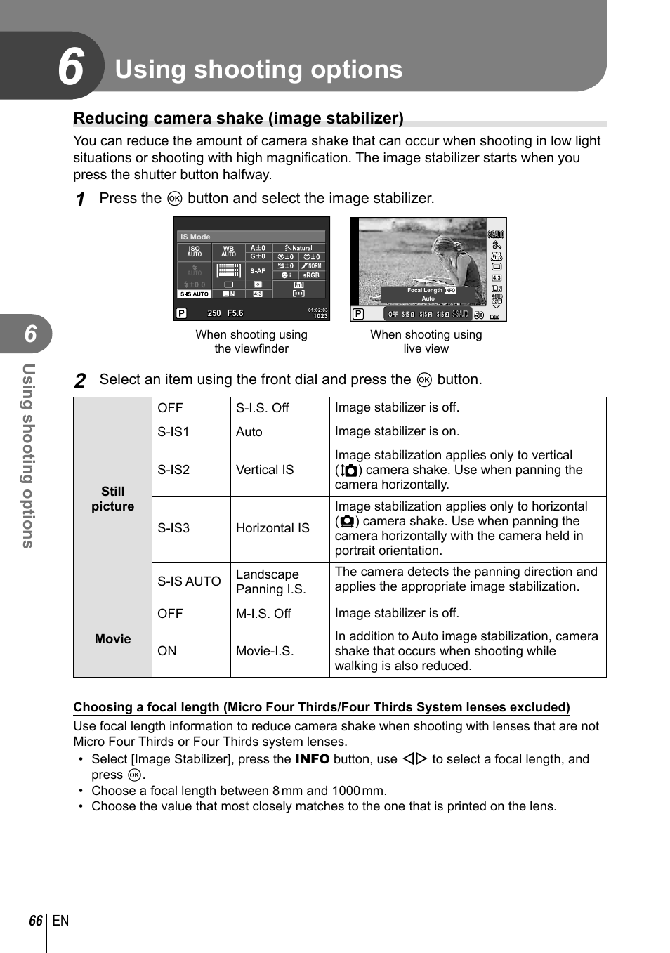 Using shooting options, Reducing camera shake (image stabilizer), 66 en | Press the q button and select the image stabilizer | Olympus E-M1 User Manual | Page 66 / 165