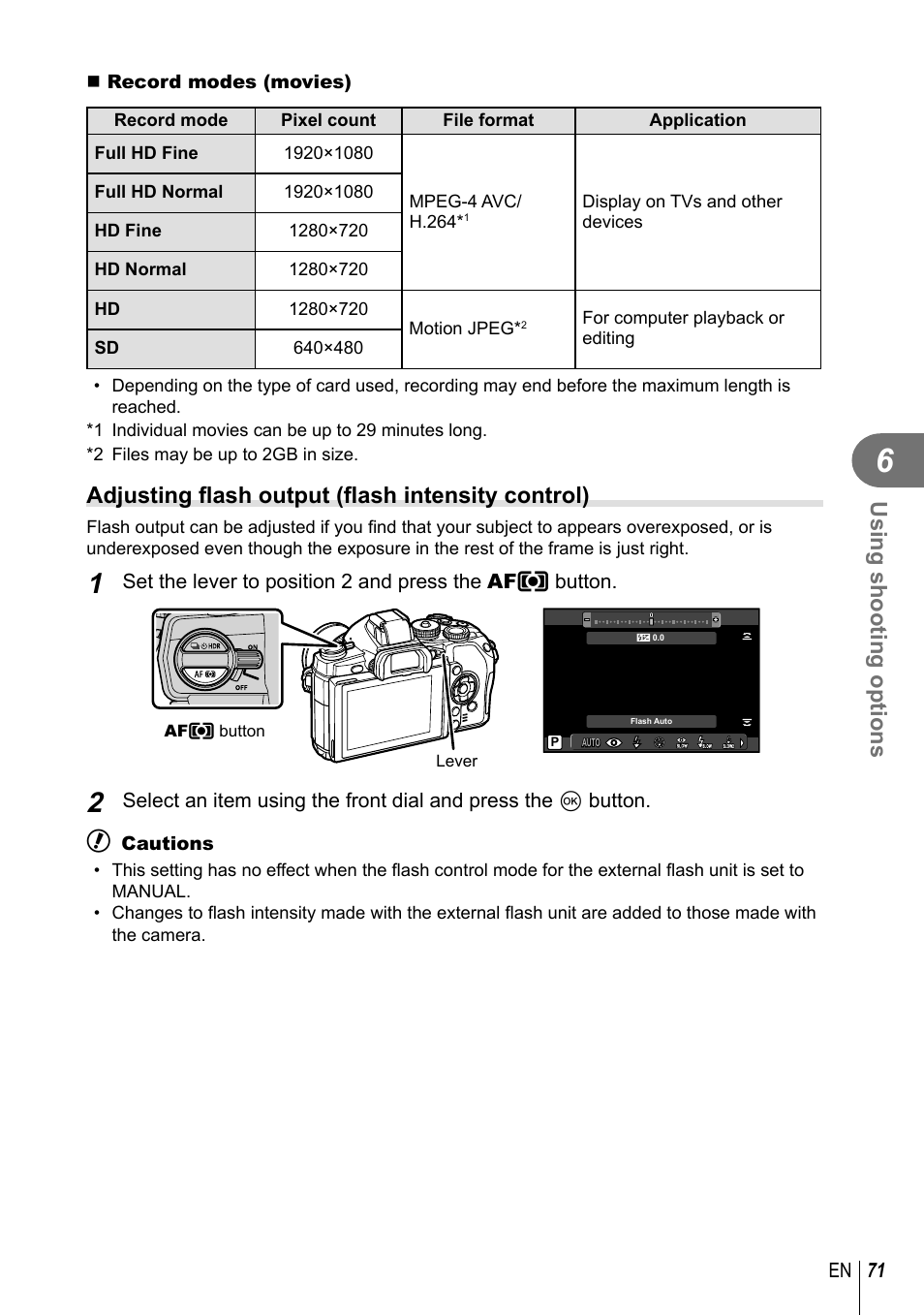 Using shooting options, Adjusting fl ash output (fl ash intensity control) | Olympus E-M1 User Manual | Page 71 / 165