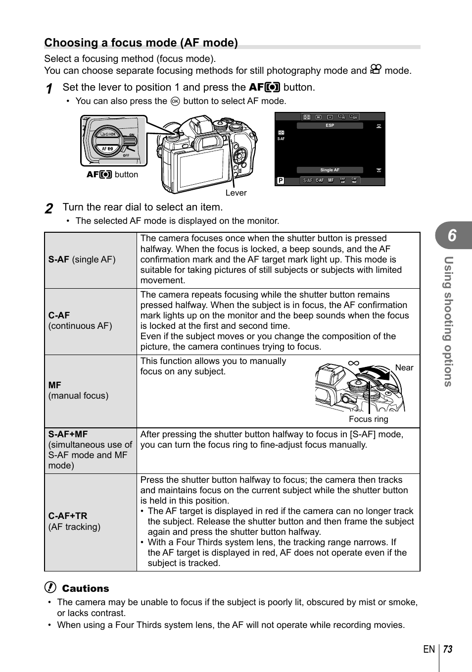 Using shooting options, Choosing a focus mode (af mode), 73 en | Turn the rear dial to select an item, Cautions | Olympus E-M1 User Manual | Page 73 / 165