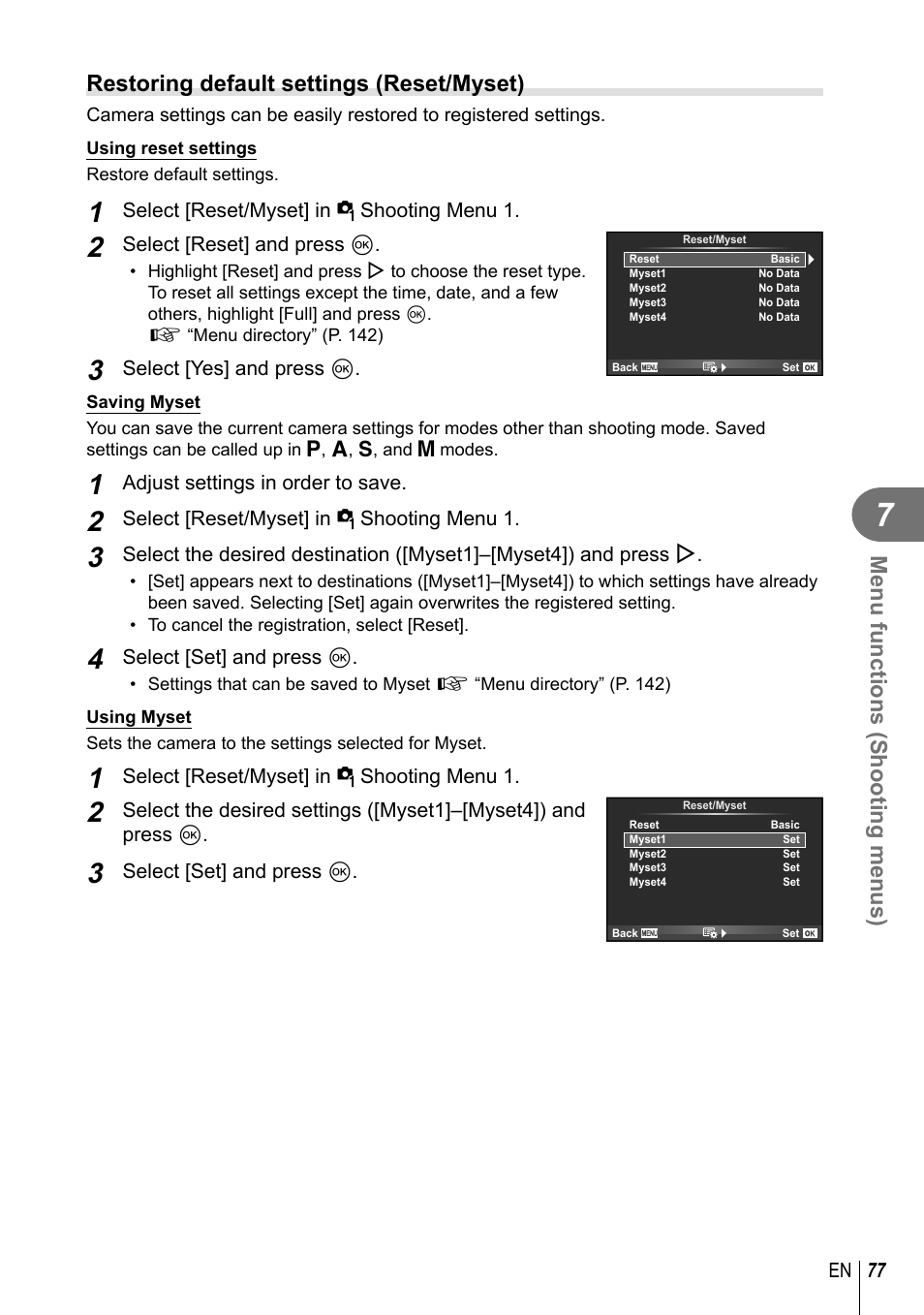 Menu functions (shooting menus), Restoring default settings (reset/myset) | Olympus E-M1 User Manual | Page 77 / 165