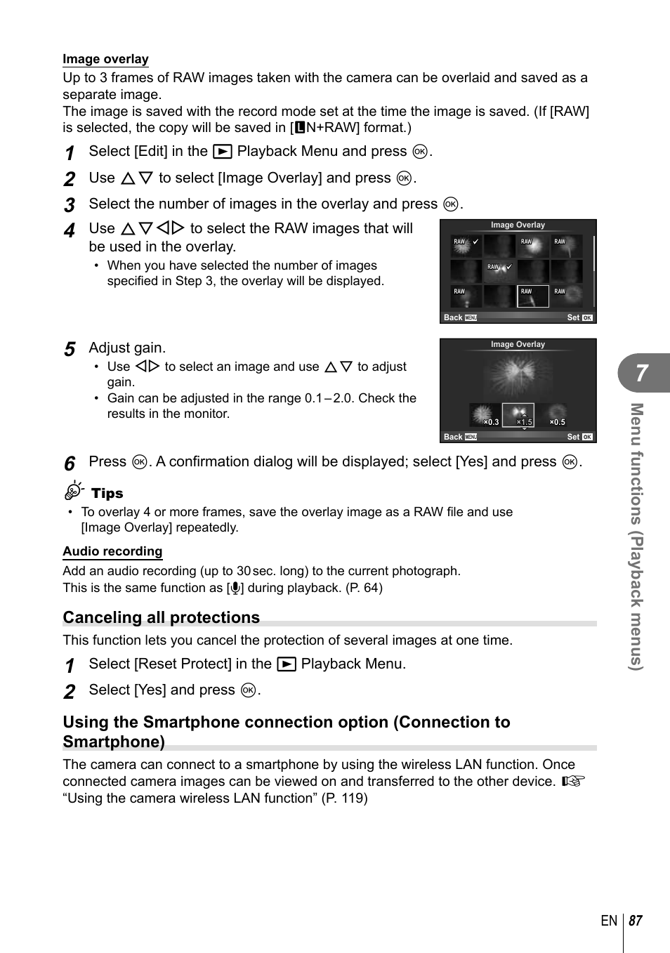 Menu functions (playback menus), Canceling all protections | Olympus E-M1 User Manual | Page 87 / 165