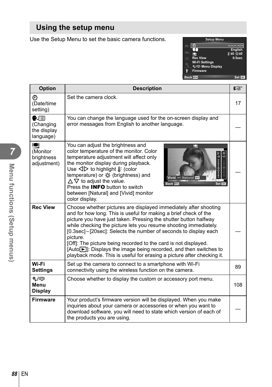 Using the setup menu, Menu functions (setup menus), 88 en | Olympus E-M1 User Manual | Page 88 / 165