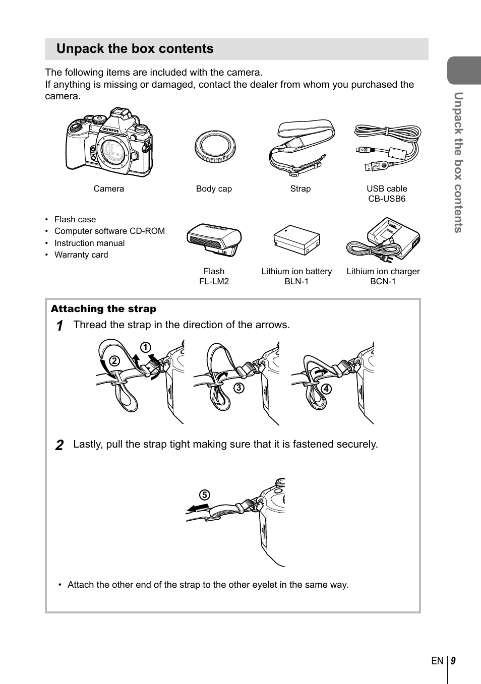 Unpack the box contents | Olympus E-M1 User Manual | Page 9 / 165