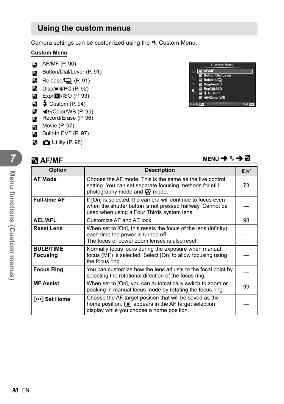 Using the custom menus, R af/mf, Menu functions (custom menus) | 90 en | Olympus E-M1 User Manual | Page 90 / 165