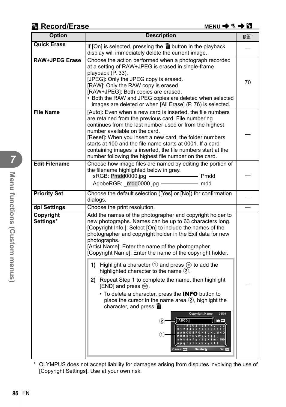 Y record/erase, Menu functions (custom menus), 96 en | Olympus E-M1 User Manual | Page 96 / 165