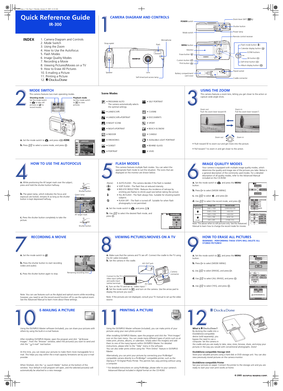 Quick reference guide, Ir-300, Index | Camera diagram and controls, Mode switch, Using the zoom, How to use the autofocus, Flash modes, Image quality modes, Recording a movie | Olympus IR-300 User Manual | Page 2 / 2
