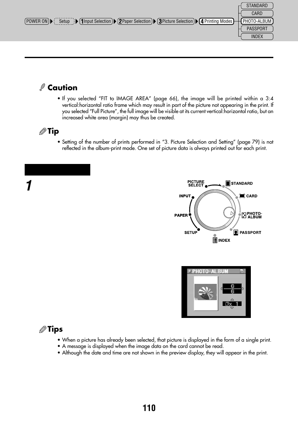 Photo-album printing, Tips, Caution | Olympus P-440 Photo Printer User Manual | Page 110 / 156
