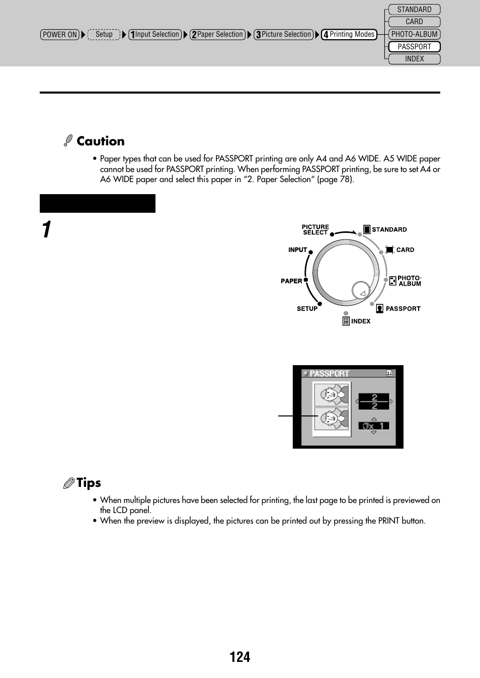 Passport printing, Tips, Caution | Olympus P-440 Photo Printer User Manual | Page 124 / 156