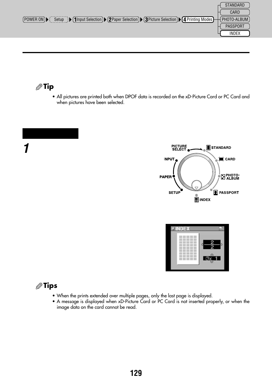 Index printing, Tips | Olympus P-440 Photo Printer User Manual | Page 129 / 156