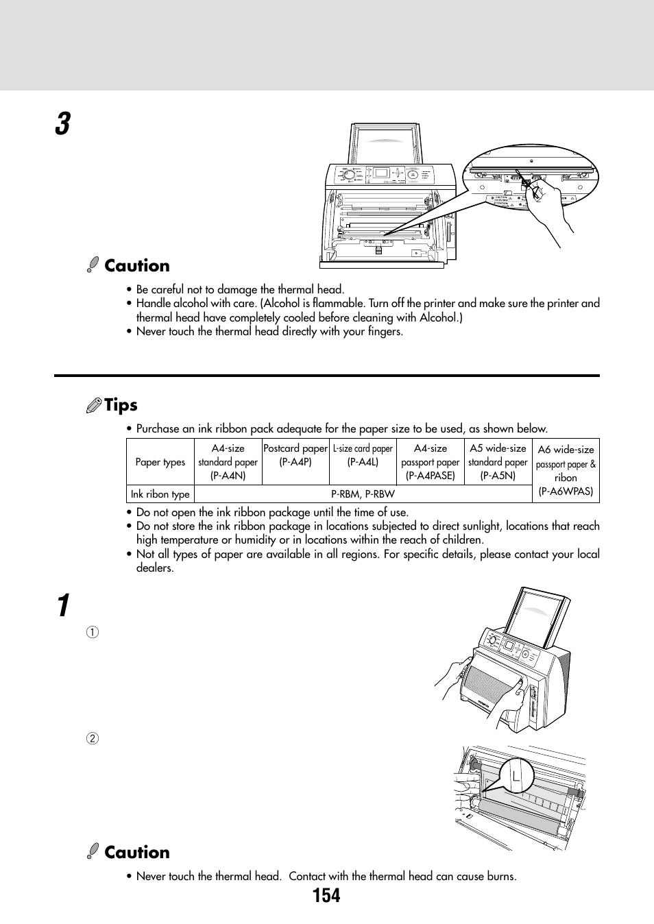 Replacing the ink ribbon, Replacing the ink ribbon tips, Caution | Olympus P-440 Photo Printer User Manual | Page 154 / 156