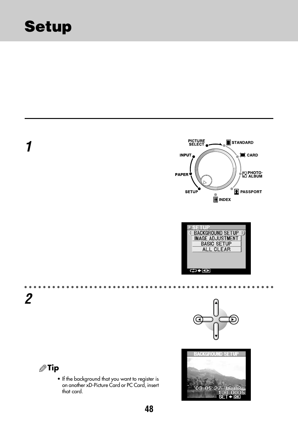 Setup, Background setup | Olympus P-440 Photo Printer User Manual | Page 48 / 156