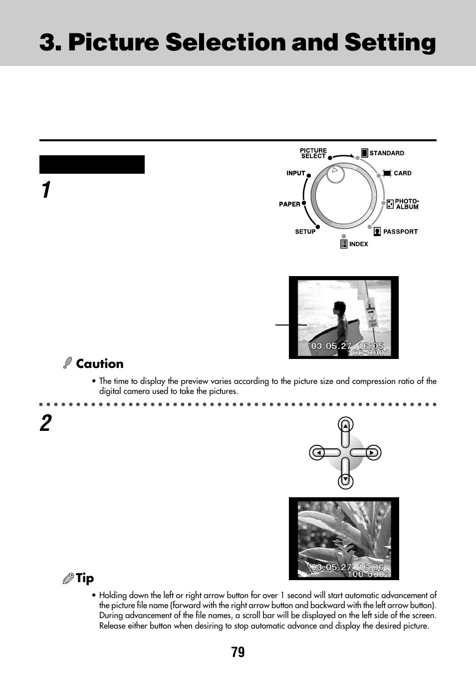 Picture selection and setting, Selecting and setting pictures on a card | Olympus P-440 Photo Printer User Manual | Page 79 / 156