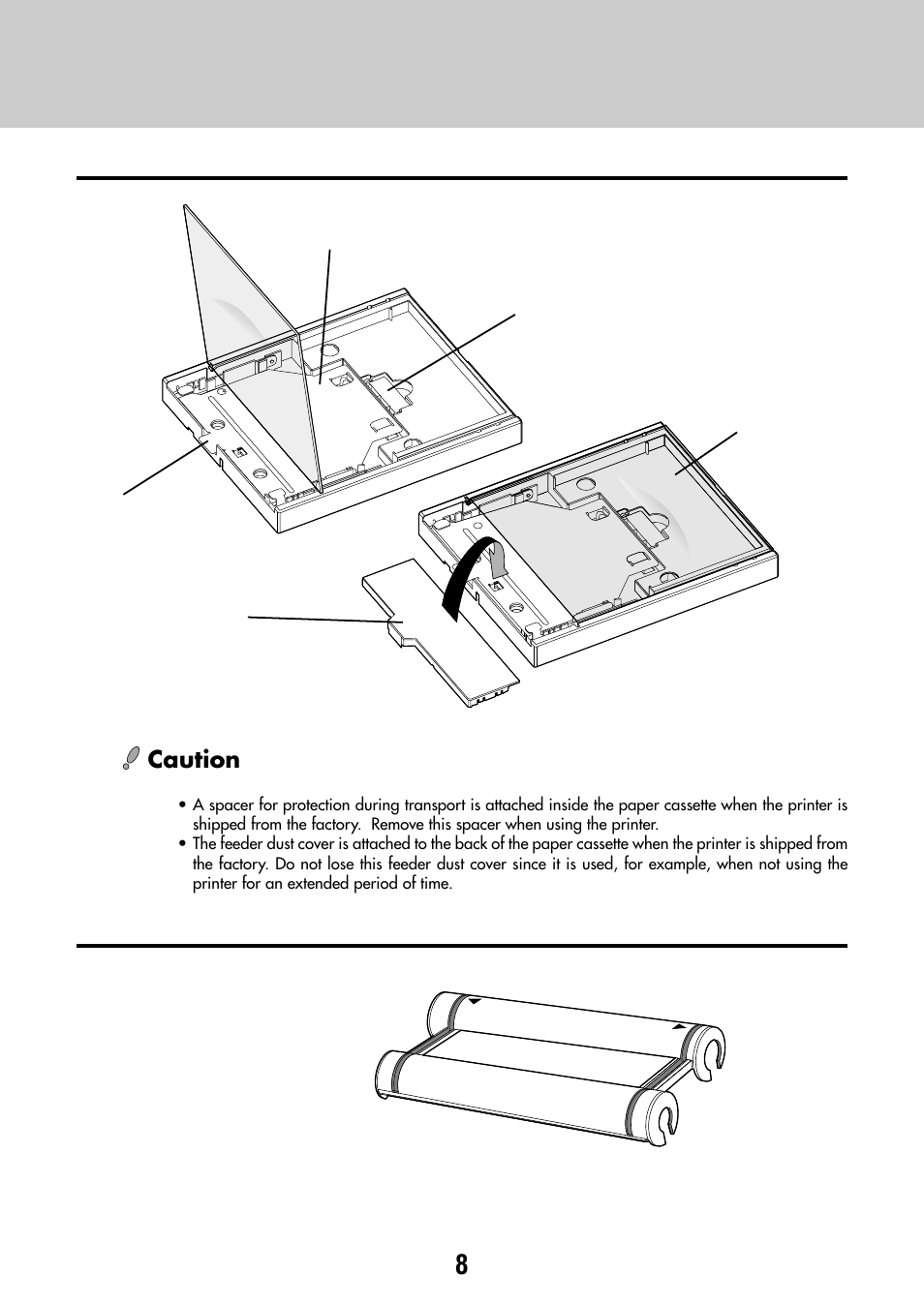 Paper cassette, Ink cassette (ribbon holder), Paper cassette caution | Olympus P-440 Photo Printer User Manual | Page 8 / 156