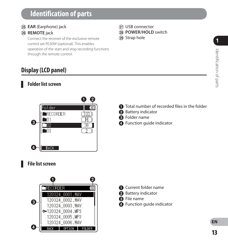 Identification of parts, Display (lcd panel) | Olympus LS-12 User Manual | Page 13 / 100