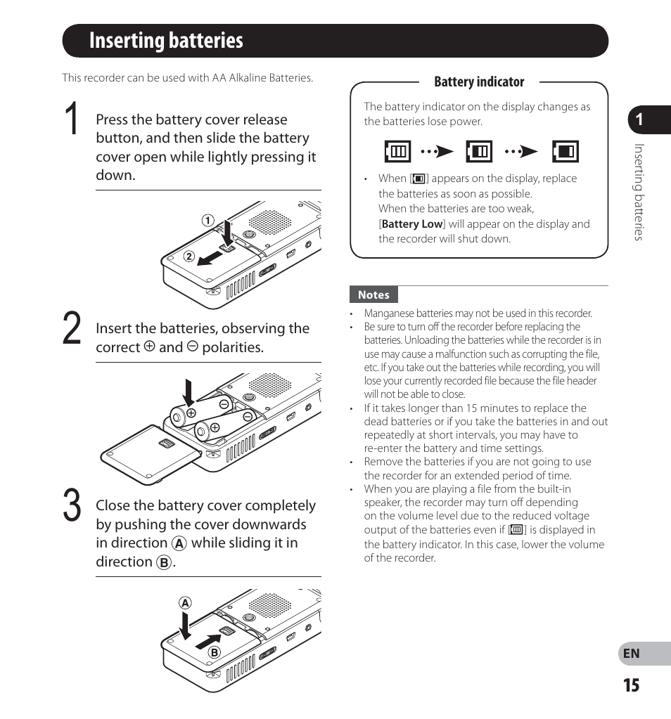 Inserting batteries | Olympus LS-12 User Manual | Page 15 / 100