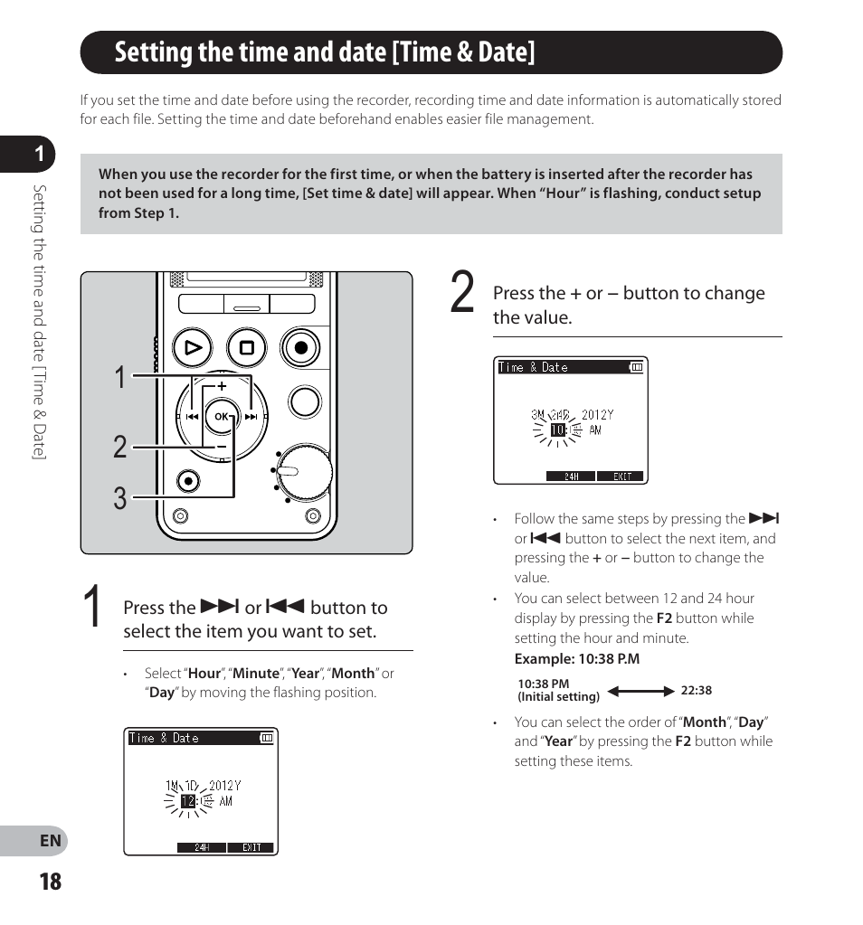 Setting the time and date [ time & date | Olympus LS-12 User Manual | Page 18 / 100