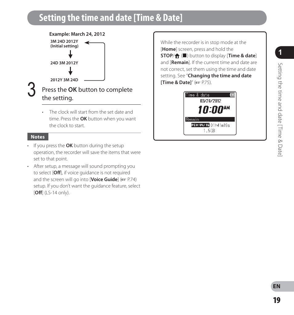 Setting the time and date [time & date | Olympus LS-12 User Manual | Page 19 / 100