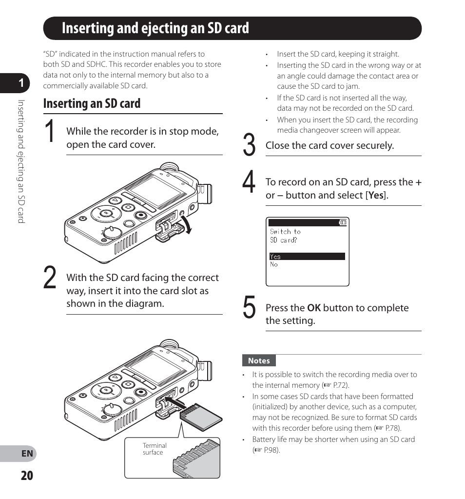 Inserting and ejecting an sd card, Inserting an sd card | Olympus LS-12 User Manual | Page 20 / 100