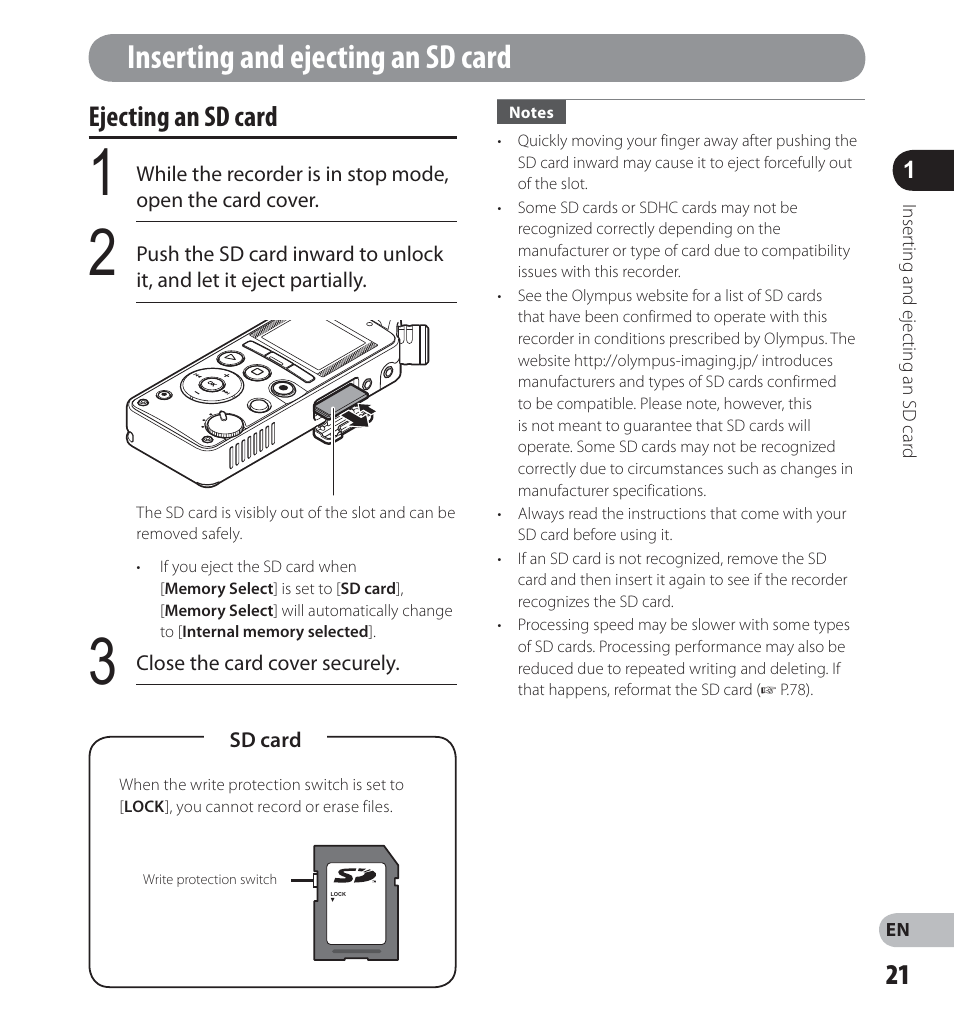 Inserting and ejecting an sd card, Ejecting an sd card | Olympus LS-12 User Manual | Page 21 / 100