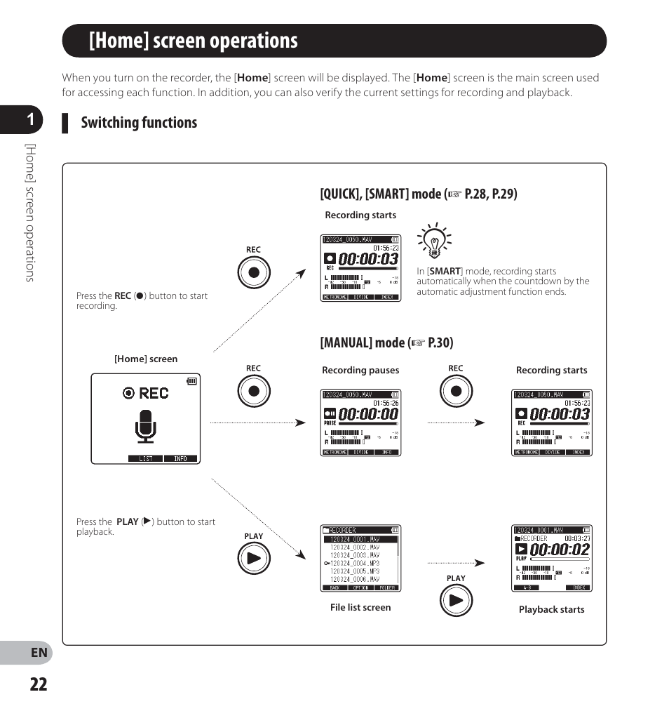 Home ] screen operations, Switching functions | Olympus LS-12 User Manual | Page 22 / 100