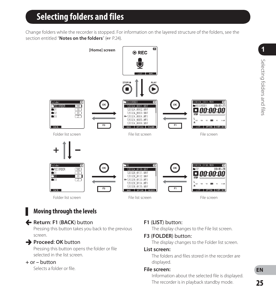 Selecting folders and files, Moving through the levels | Olympus LS-12 User Manual | Page 25 / 100