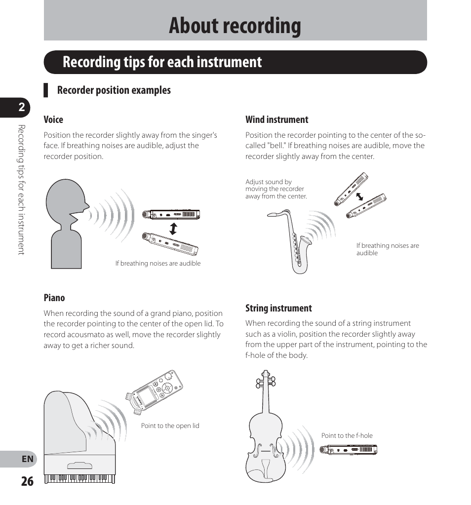 About recording, Recording tips for each instrument | Olympus LS-12 User Manual | Page 26 / 100