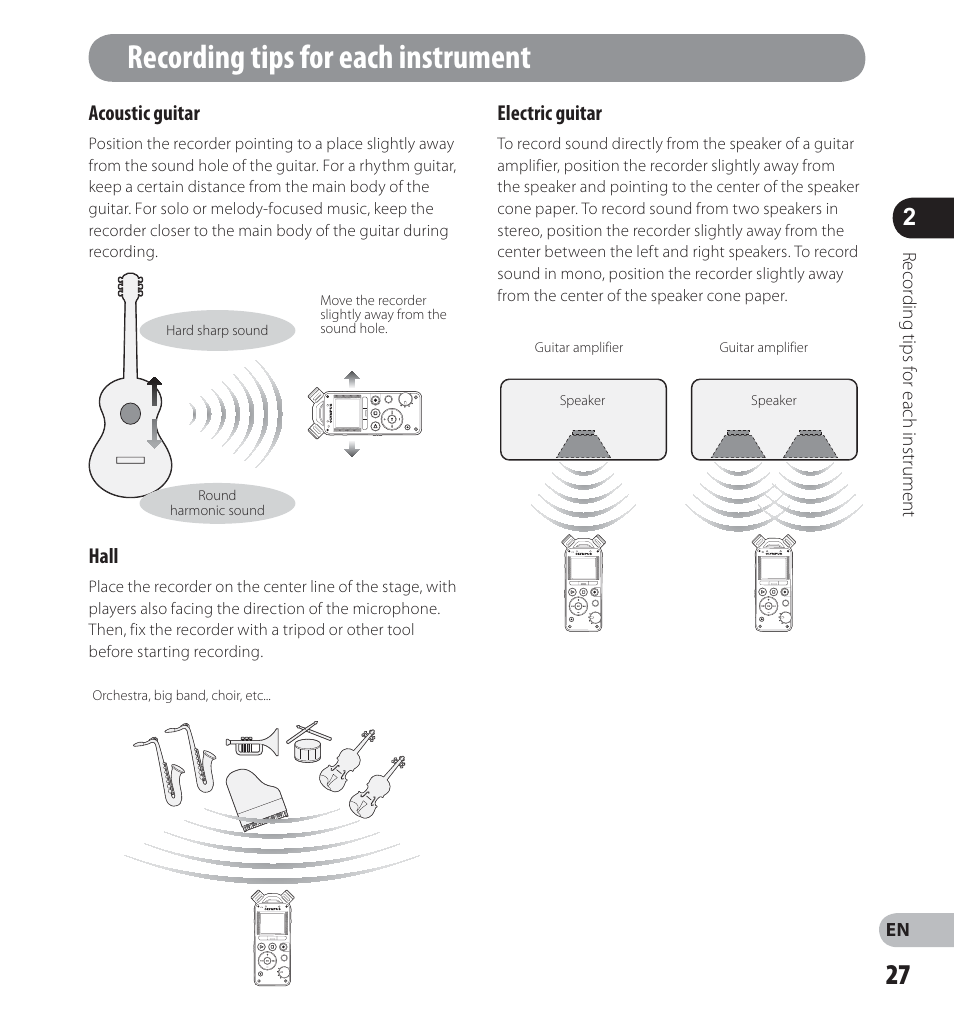 Recording tips for each instrument | Olympus LS-12 User Manual | Page 27 / 100