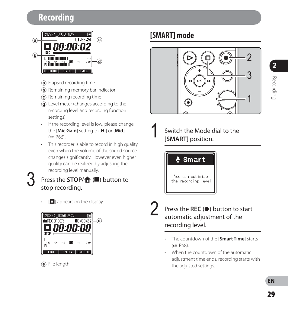 Recording, Smart ] mode | Olympus LS-12 User Manual | Page 29 / 100